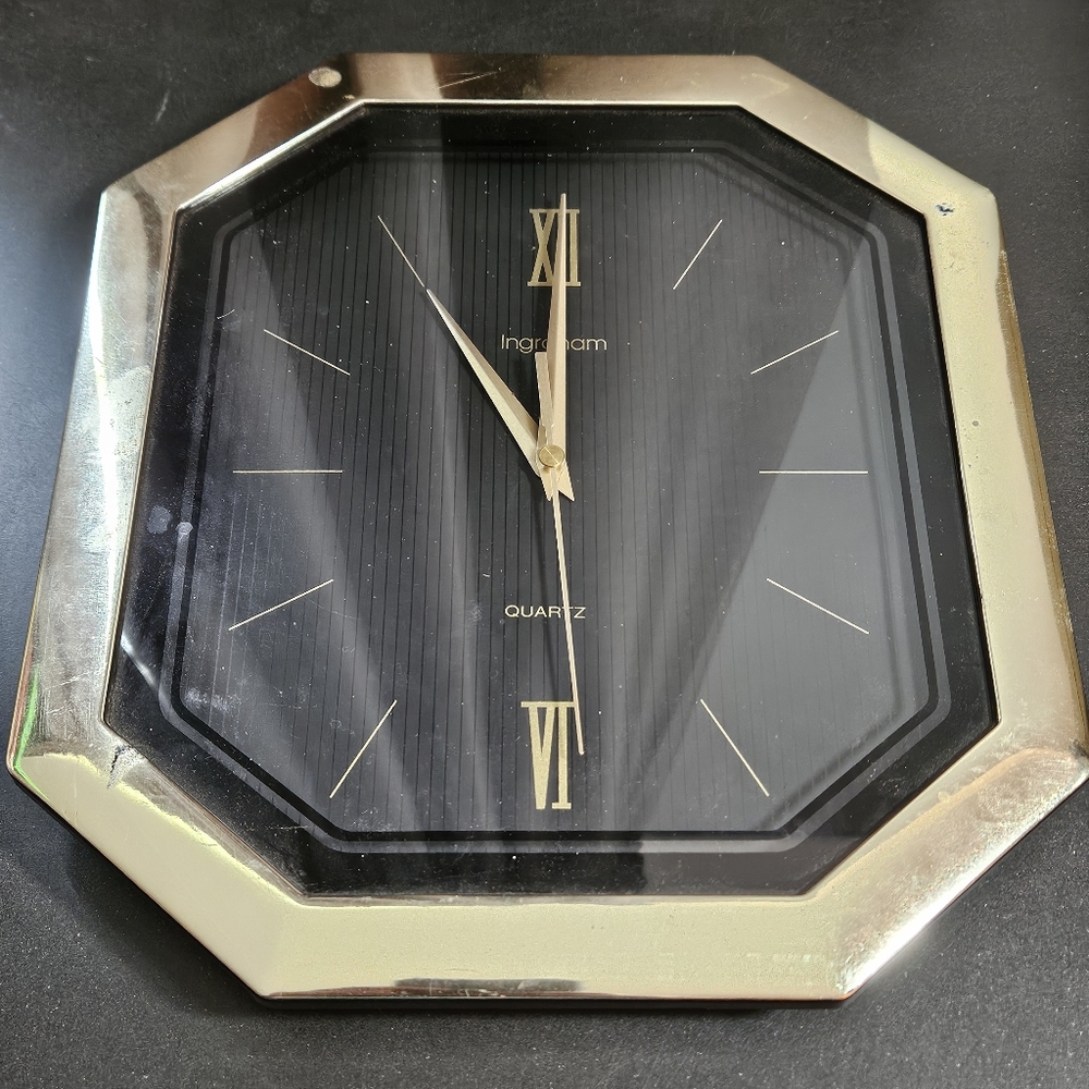 Vintage Ingraham Hanging Wall Clock Quartz Movement, Black and Gold 11"5